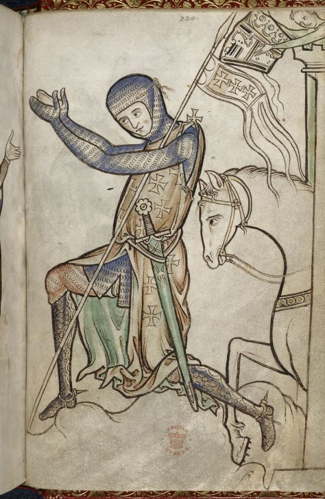 A knight kneels before setting off on Crusade, his servant leaning over the turret with his helm. Illustration from the Westminster Psalter, 13th century.